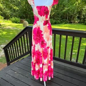 Anthropologie Flying Tomato Pink Floral‎ Smocked Maxi Dress Cottagecore Coquette